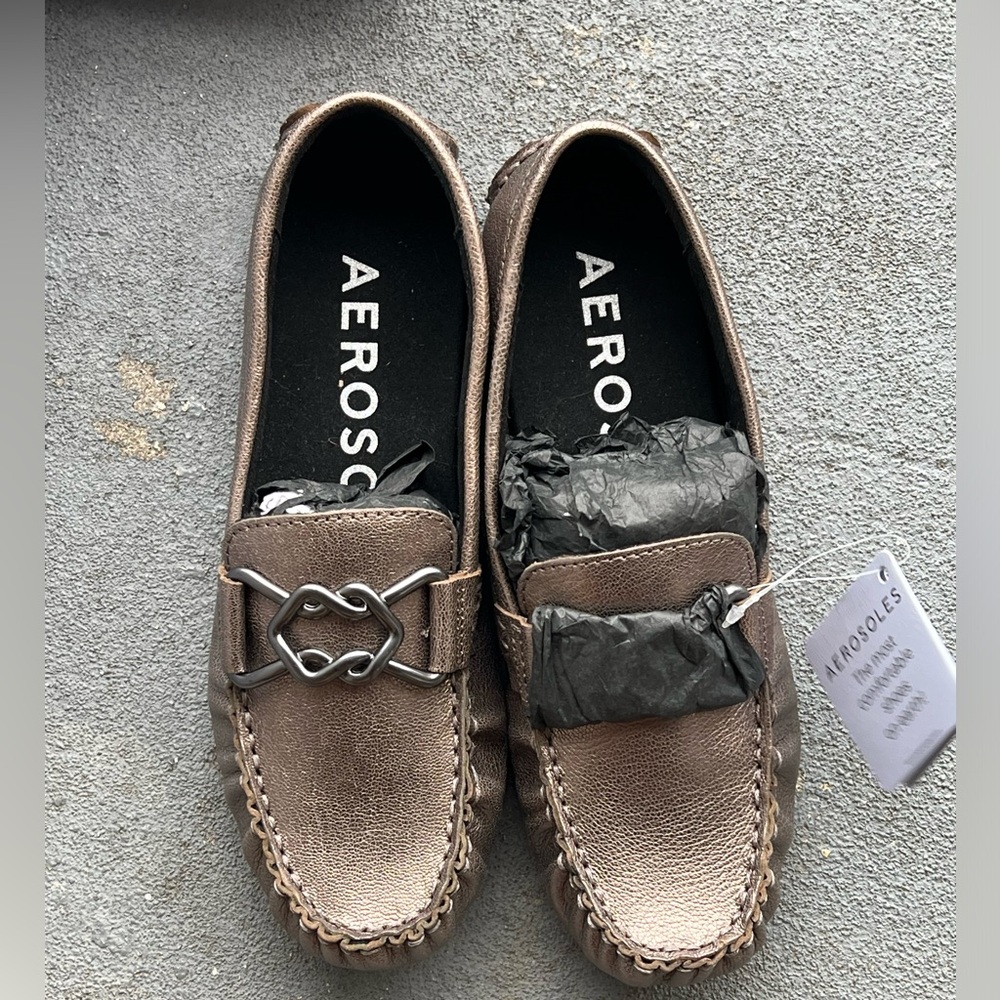 Aerosoles Gaby Graphite Metallic Bronze Leather Casual Flat Loafer 5.5M New